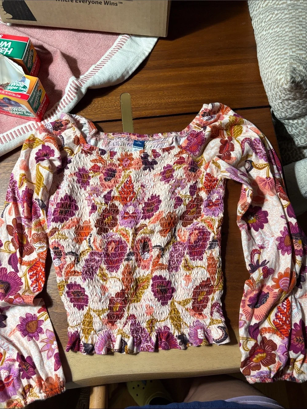 Old Navy Pink Multi Floral Smocked Long-Sleeve Top